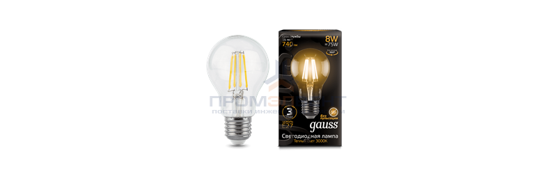 Лампа Gauss Filament А60 8W 740lm 3000К Е27 LED 1/10/40