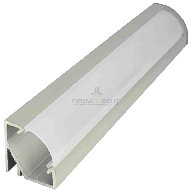 08-31 Профиль алюминиевый для светодиодной ленты, анод., угловой, накладной, серебро, 17х17мм, 1м, шир. ленты до 10мм, индивидуальная упаковка (рассеиватель матовый, заглушки - 2шт.).