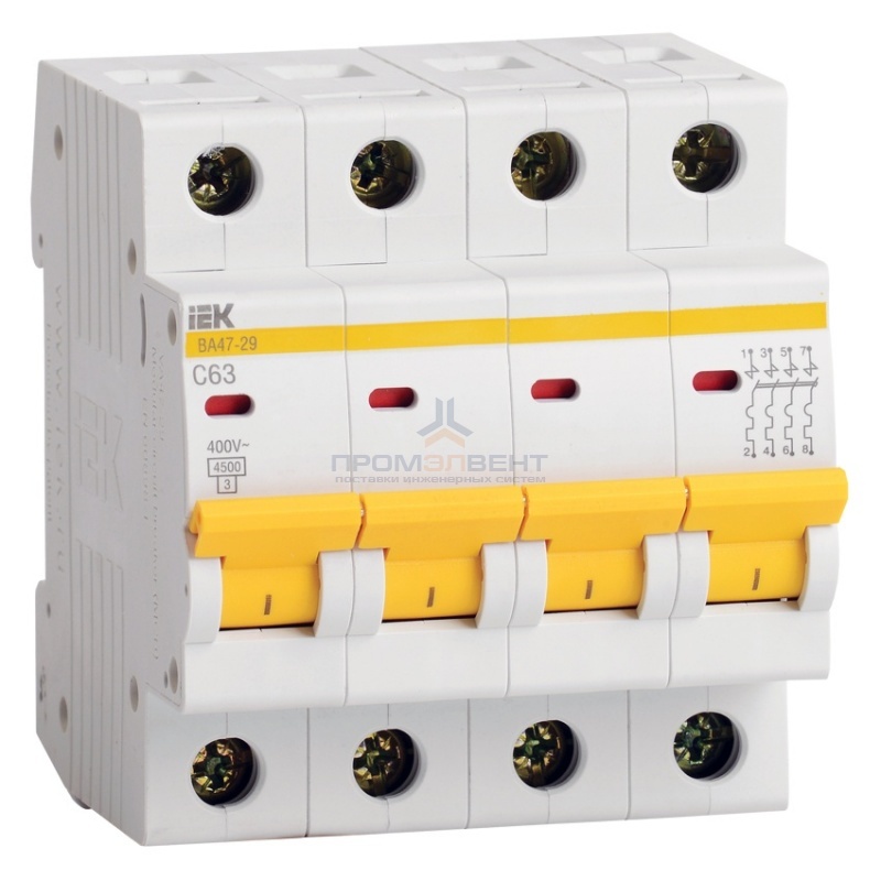 Автоматический выключатель ВА47-29 4Р 63А 4,5кА характеристика С ИЭК (автомат)